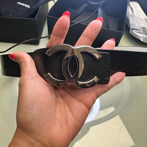 CHANEL Accessories - CHANEL Black Leather Belt with Silver CC Buckle